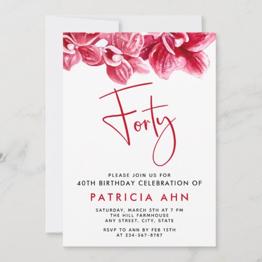 水彩ソフトピンクの蘭 40歳の誕生日 招待状 (正面)
