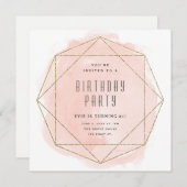 水彩ソフトピンクゴールドグリッター誕生日パーティー 招待状 (正面/裏面)