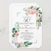 水彩ソフトピンク 牡丹フレーム 50歳の誕生日 招待状 (正面/裏面)