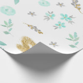 水彩ソフトブルーとゴールドグリッターの花 ラッピングペーパー (角)