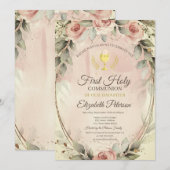 水彩ソフトローズのファーストホーリーコミュニオン 招待状 (正面/裏面)