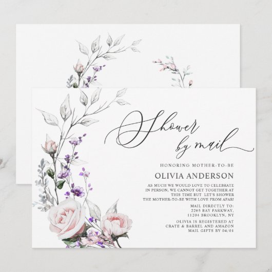 水彩ソフトローズ バーチャルベイビーシャワー by Mail 招待状 (正面/裏面)