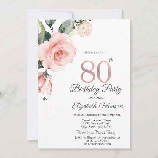 水彩ソフトローズ 80歳の誕生日 招待状 (正面)