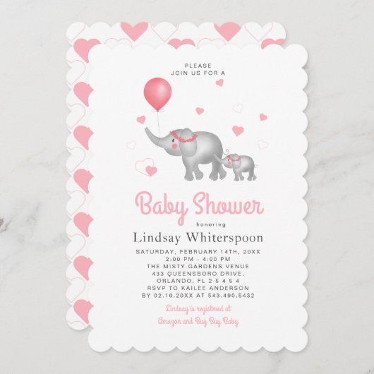 水彩ゾウとピンクのハートの女の子 ベビーシャワー 招待状 (正面/裏面)