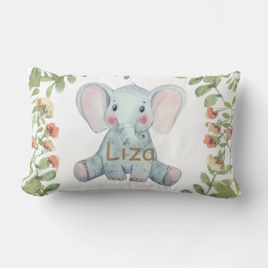 水彩ゾウのグリーンがかった個性的なベビー寝室 ランバークッション (正面)