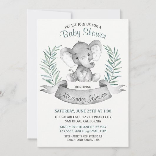 水彩ゾウのベイビーシャワー 招待状 (正面)
