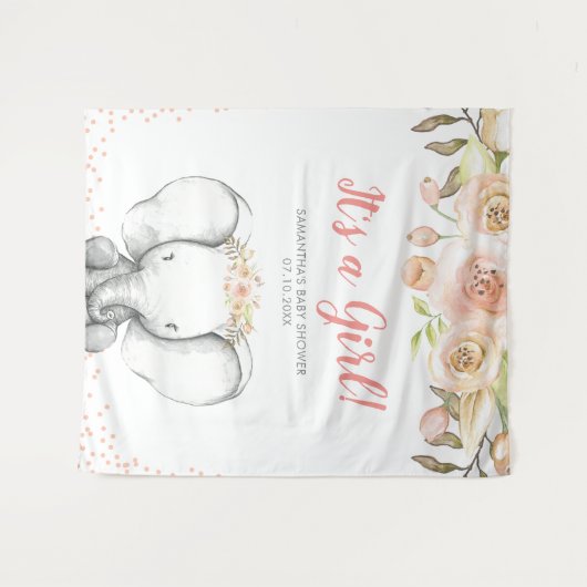 水彩ゾウの女の子ベビーシャワーの背景 タペストリー (正面(横))
