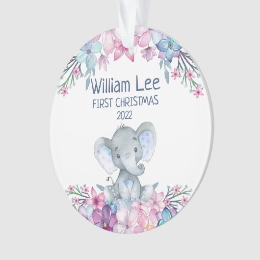 水彩ゾウベビー第1回クリスマス写真 オーナメント (正面)