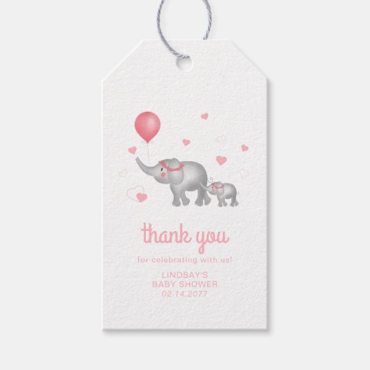 水彩ゾウ&ピンクハート有難う ギフトタグ (正面)