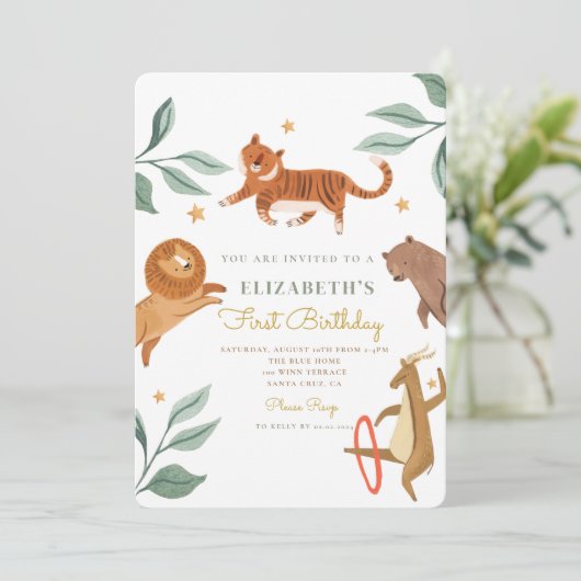 水彩タイガーウッドランド動物1歳の誕生日 招待状 (スタンド正面)
