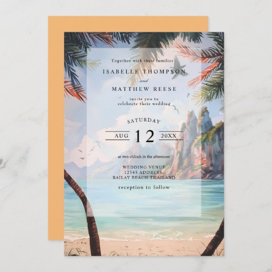 水彩タイトロピカルビーチ結婚式 招待状 (正面/裏面)