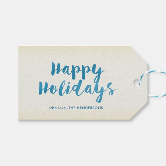 水彩タイポグラフィブルーストライプズHappy Holidays ギフトタグ (正面(横))