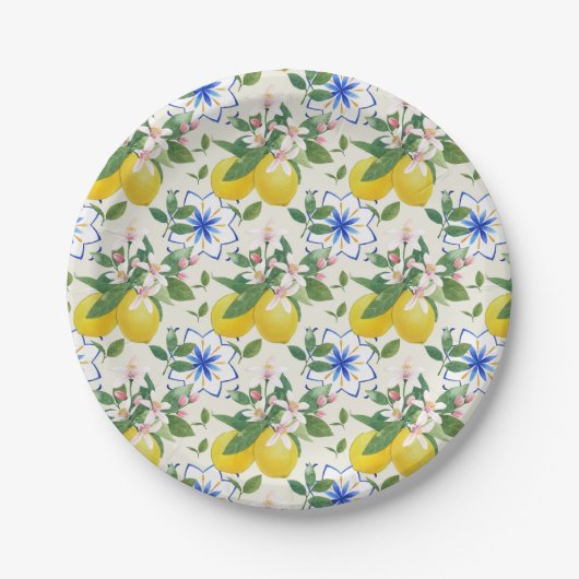 水彩タイルイタリアンレモンパターン ペーパープレート (正面)