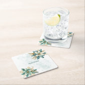 水彩タイルブルーの花模様のホリデー用紙コースター スクエアペーパーコースター (インサイチュ)