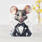 水彩タキシードのネズミのフォーマルな挨拶 カード (黄色い花)