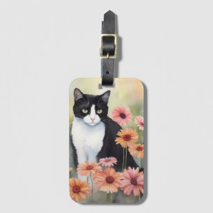水彩タキシード猫ガーベラデイジー花 ラゲッジタグ