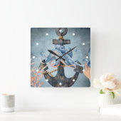 水彩タコといかりシーライフビーチ スクエア壁時計 (ホーム)