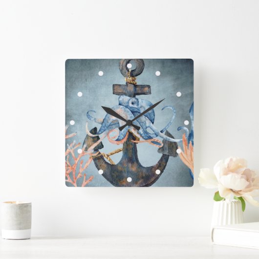 水彩タコといかりシーライフビーチ スクエア壁時計 (ホーム)