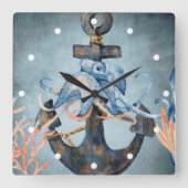 水彩タコといかりシーライフビーチ スクエア壁時計 (正面)