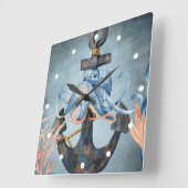 水彩タコといかりシーライフビーチ スクエア壁時計 (傾斜)