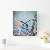 水彩タコといかり航海のビーチ スクエア壁時計 (ホーム)