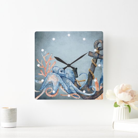 水彩タコといかり航海のビーチ スクエア壁時計 (ホーム)