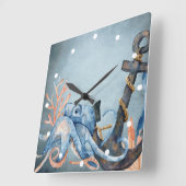 水彩タコといかり航海のビーチ スクエア壁時計 (傾斜)