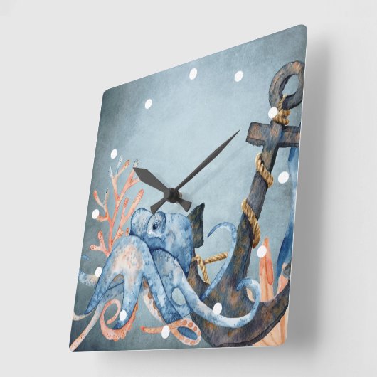 水彩タコといかり航海のビーチ スクエア壁時計 (傾斜)