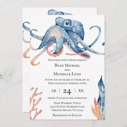 水彩タコシーライフオンホワイトビーチ結婚式 招待状 (正面/裏面)