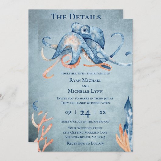 水彩タコ全て一つのビーチ結婚式 招待状 (正面/裏面)