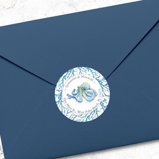 水彩タコ差出人住所クラシック ラウンドシール