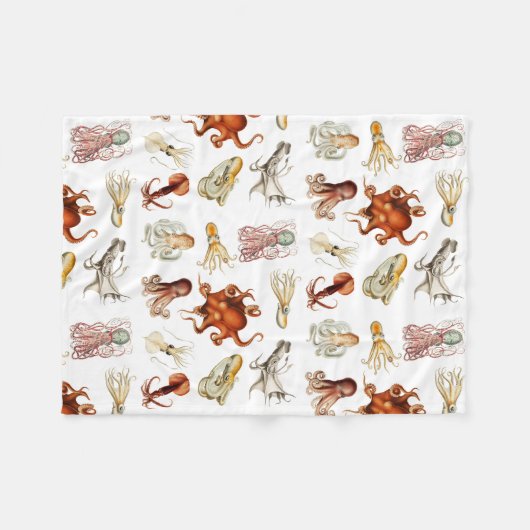 水彩タコ頭足類海動物 フリースブランケット (正面(横))