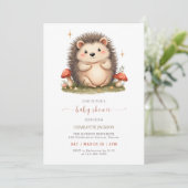 水彩タッチのきのこがかわいい ヘアピンとハリネズミ 赤ちゃん歓迎会 招待状 (スタンド正面)