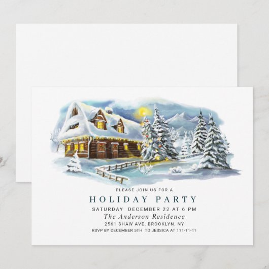 水彩タッチのモダンな松の木のクリスマス ホリデーパーティー 招待状 (正面/裏面)