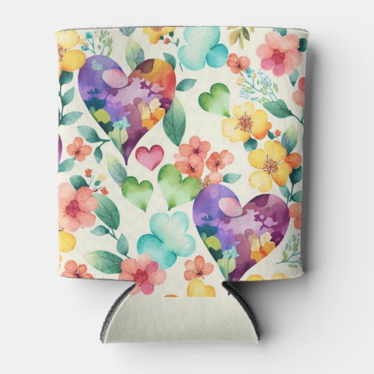 水彩タッチの可愛い花のハート柄パターン 缶クーラー (正面)