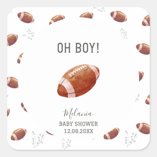 水彩タッチダウンアメリカンフットボールベイビーショー スクエアシール (正面)