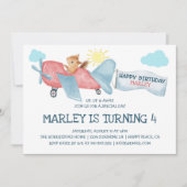 水彩タンポポ飛行機で飛び去る誕生日 招待状 (正面)