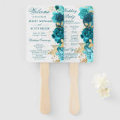 水彩ターコイズとゴールドの花のウェディング ハンドファン (正面&裏面)