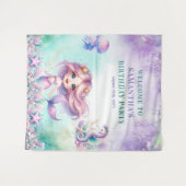 水彩ターコイズとパープルマーメイド誕生日 タペストリー (正面(横))