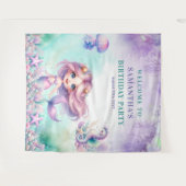 水彩ターコイズとパープルマーメイド誕生日 タペストリー (正面(横))