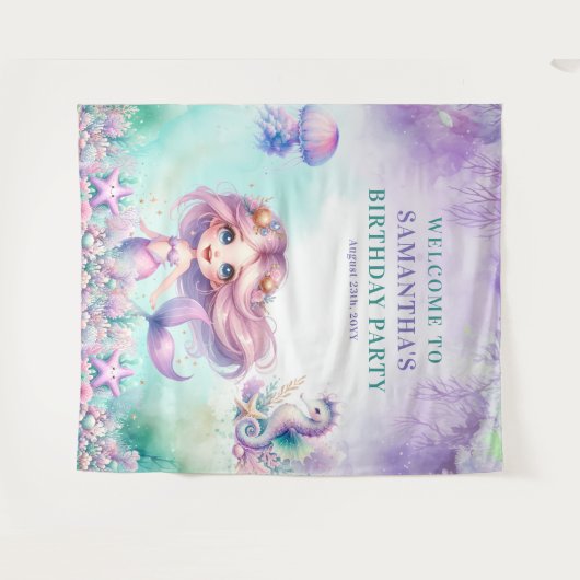 水彩ターコイズとパープルマーメイド誕生日 タペストリー (正面(横))