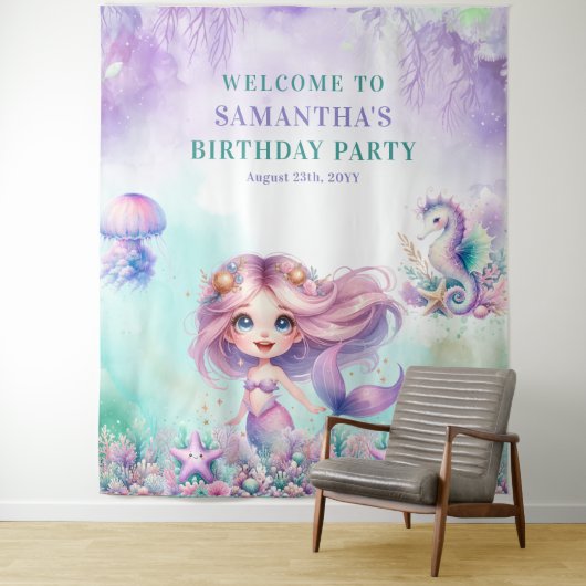 水彩ターコイズとパープルマーメイド誕生日 タペストリー (インサイチュ)
