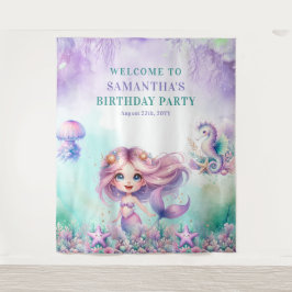 水彩ターコイズとパープルマーメイド誕生日 タペストリー