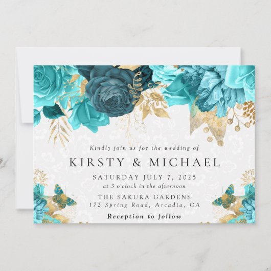 水彩ターコイズと金ゴールド結婚の花 招待状 (正面)