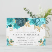 水彩ターコイズと金ゴールド結婚の花 招待状 (スタンド正面)