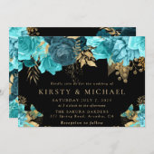 水彩ターコイズと金ゴールド結婚の花 招待状 (正面/裏面)