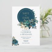 水彩ターコイズの花 Save The Date カード (スタンド正面)