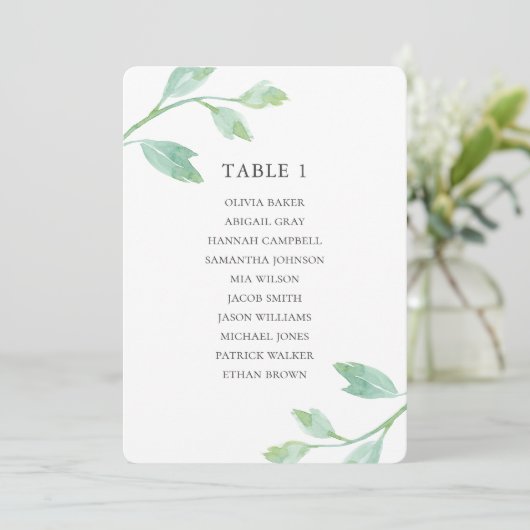 水彩ターコイズの葉。結婚式の着席チャート 招待状 (スタンド正面)