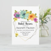 水彩ターコイズオレンジイエローピンク花柄ゴールド 招待状 (スタンド正面)