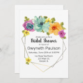 水彩ターコイズオレンジイエローピンク花柄ゴールド 招待状 (正面/裏面)